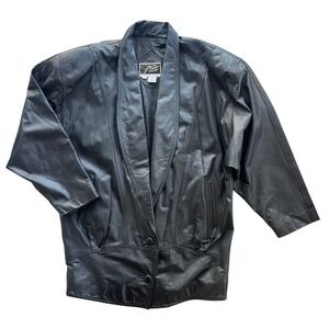 J.Ferrar Women M Black Signature Leather Shawl Collar Blazer Jacket Oversize VTG
